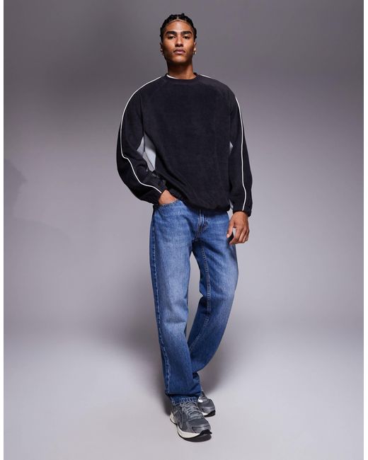ASOS Blue Oversized Fleece Sweatshirt With Piping And Colourblock for men