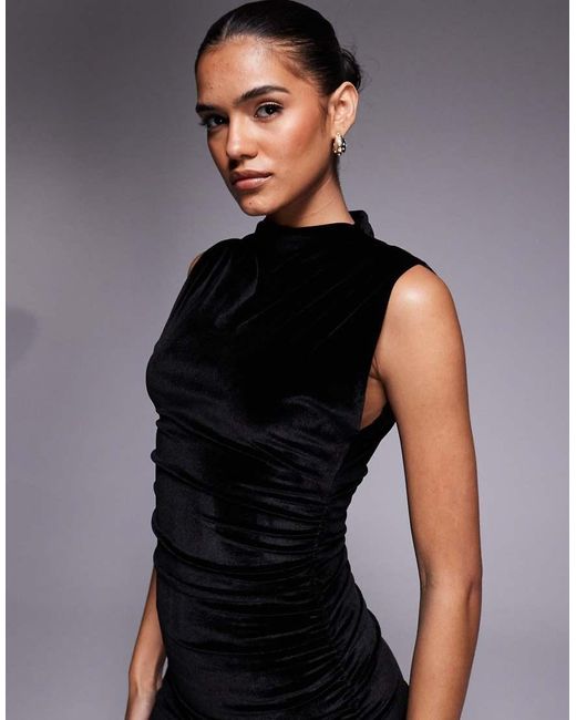 ASOS Black Maxi Velvet Ruched Side Dress With Thigh Split