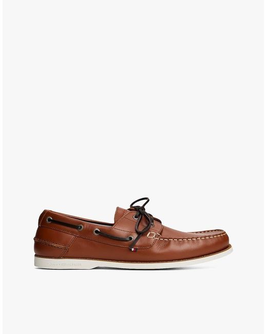 Tommy Hilfiger Brown Leather Lace Up Boat Shoes for men