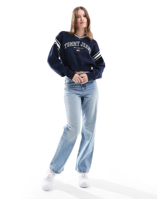 Maglione Corto Stile College Con Scollo A V di Tommy Hilfiger in Blue