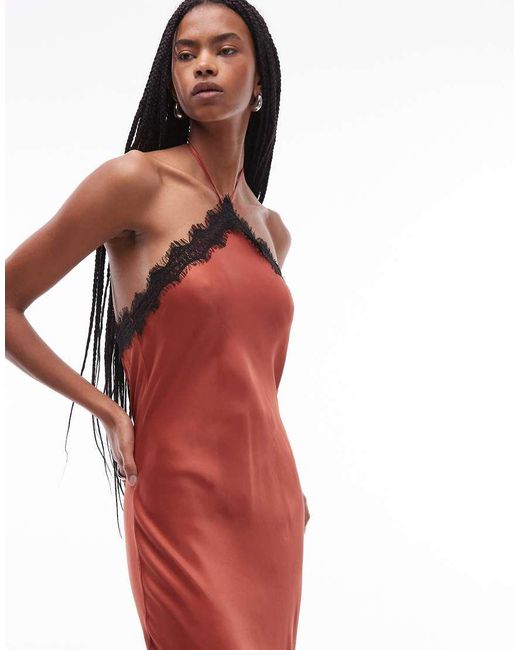ASOS Red Halter Neck Satin Slip Maxi Dress With Lace Trim