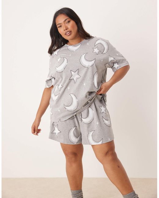 ASOS Gray Asos Design Curve Moon & Stars Oversized Tee And Short Pyjama Set