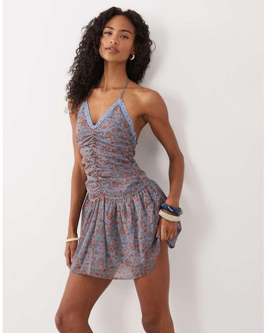 Motel White Emika Chiffon Ruched Halter Mini Dress