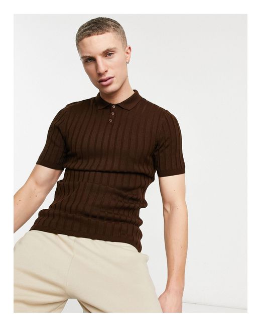ASOS Brown Knitted Ribbed Polo Neck T-shirt for men