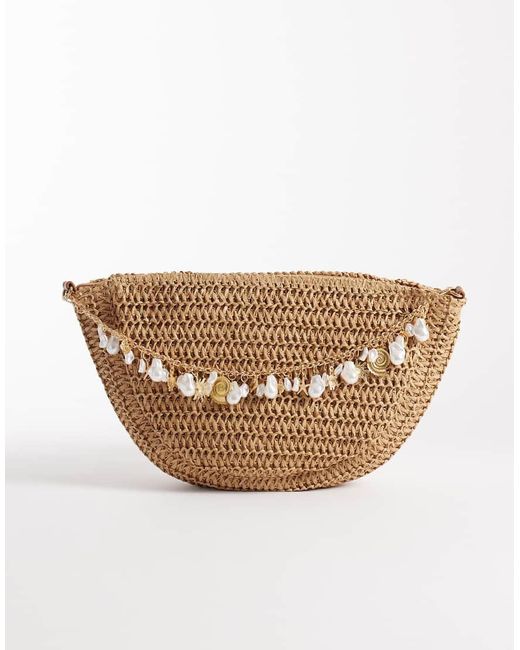 South Beach Natural Straw Crossbody Bag With Shell Embellishment