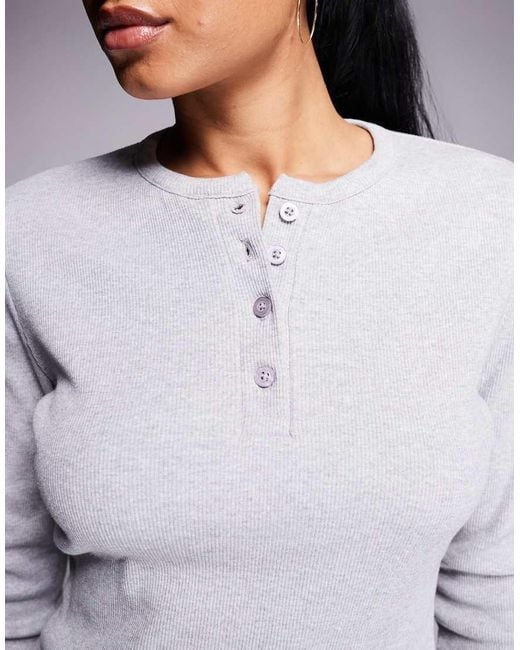 Kaiia Gray Exclusive Cotton Rich Button Front Long Sleeve Ribbed Top