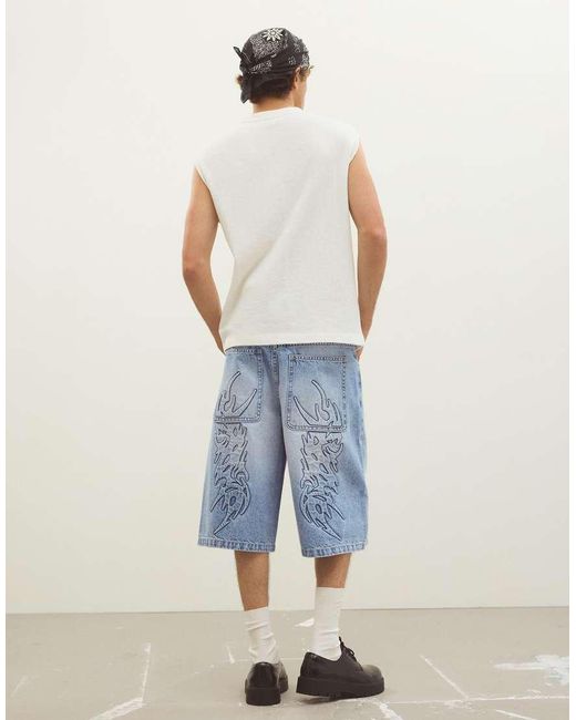 Bershka Blue baggy Denim Bermuda Shorts for men