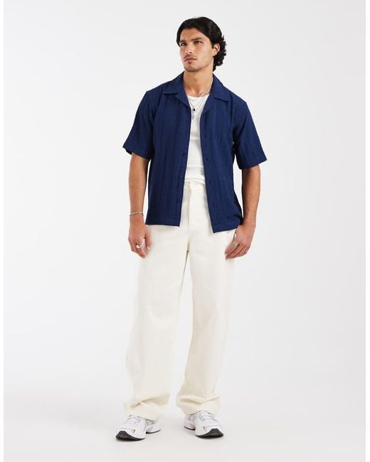 Only & Sons Blue Regular Fit Textured Shirt With Resort Collar for men