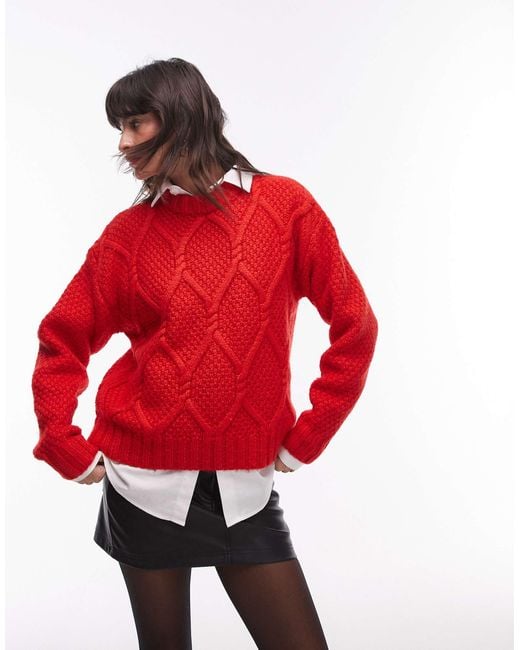 TOPSHOP Red Knitted Chunky Twist Cable Crew Neck Oversized Jumper