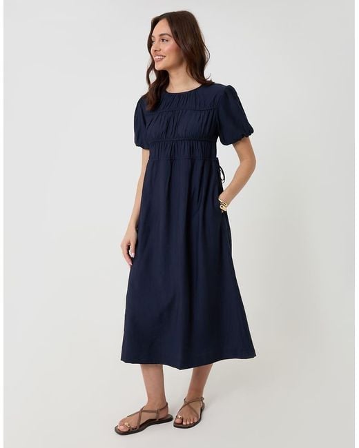 Threadbare Blue Ruched Drawstring Puff Sleeve Midi Dress