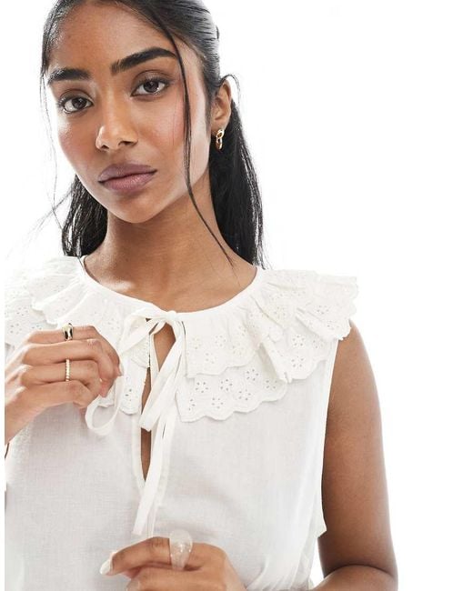 ASOS White Sleeveless Smock Top With Broderie Collar And Tie Neck