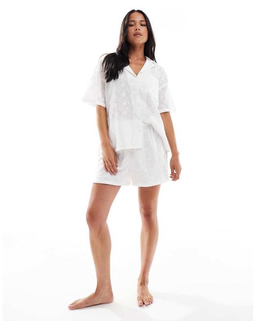 Loungeable White Ladies Embroidered Short Pyjama Set