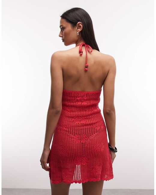 Monki Red Floral Crochet Tie Front Beach Mini Dress