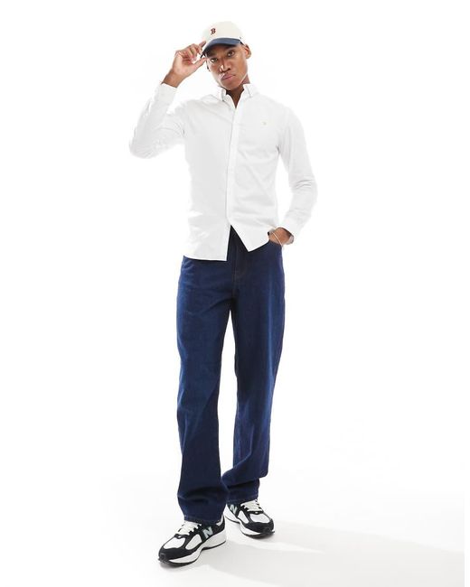 Farah White Brewer Slim Fit Long Sleeve Oxford Shirt for men