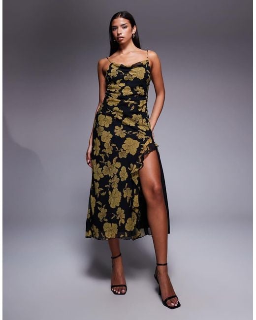 New Look Black Floral Cowl Neck Midi Dress