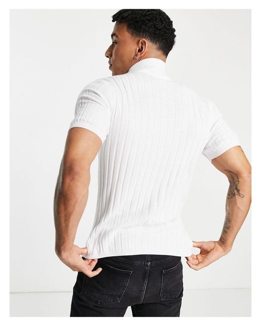 ASOS Knitted Ribbed Half Zip T-shirt in White for Men | Lyst