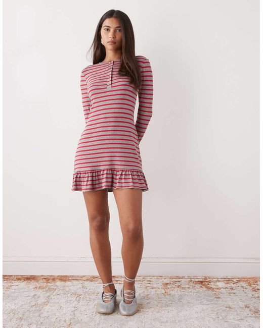 Collusion Red Long Sleeve Stripe Drop Waist Mini Dress
