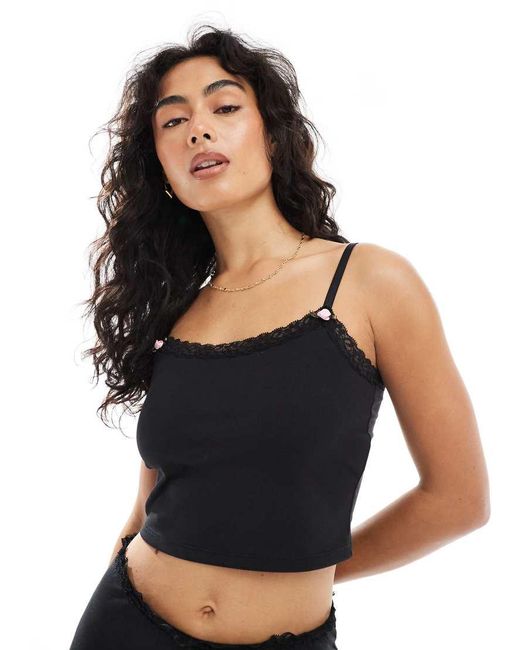 The Frolic Black Exclusive Lace Trim Jersey Cami Pyjama Top Co-Ord