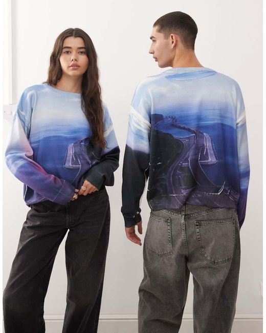 Collusion Uniseks Oversized Gebreide Trui Met Grafische Landschapsprint En Wassing in het Blue