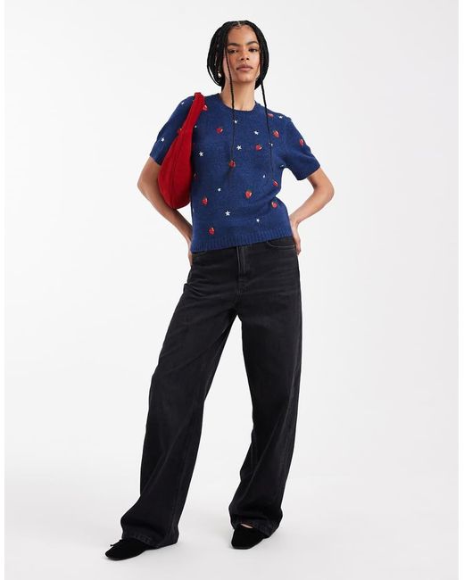 Threadbare Blue Knitted T-Shirt With Strawberry Embroidery