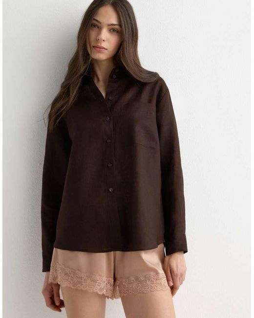Intimissimi Brown The Pure Linen Plain-Weave Linen Shirt