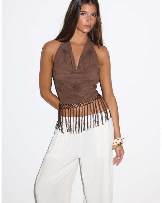 Stradivarius White Fringed Halter Top