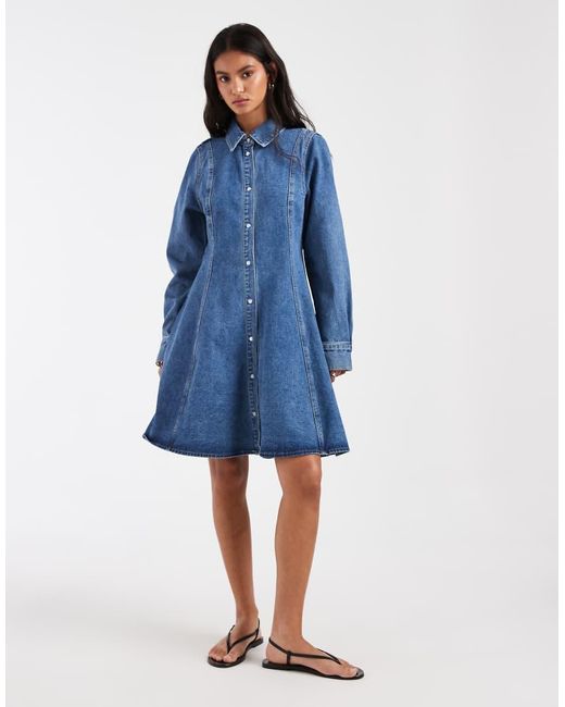 Vero Moda Blue Button Up Seam Detail Denim Mini Dress