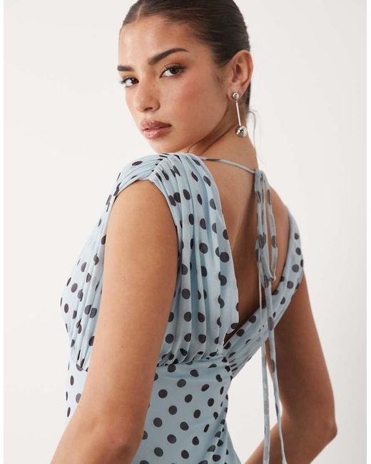 ASOS Blue V Neck Fishtail Polka Dot Print Maxi Dress