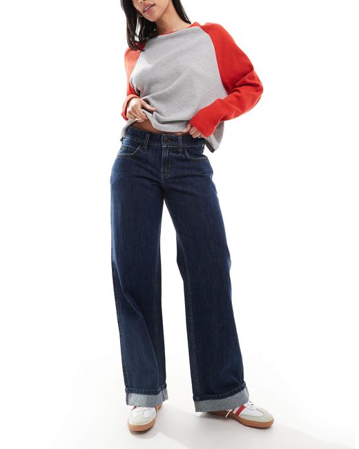 Hollister Blue Low Rise baggy Straight Leg Jean With Turn Up Hem Detail