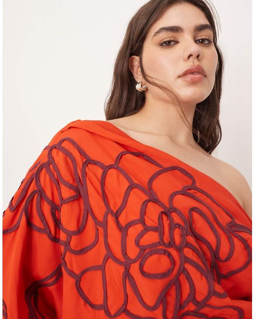 ARRANGE Red Curve Linear Embroide Floral Slouchy Shoulder Drape Midi Dress