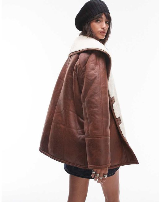 TOPSHOP Brown Faux Leather Shearling Super Oversized Car Coat