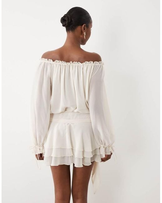 Oh Polly Natural Chiffon Off Shoulder Balloon Sleeve Layered Skirt Tie Detail Mini Dress