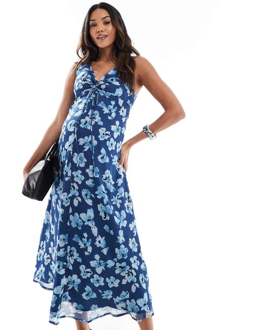 ASOS Blue Asos Design Maternity V Neck Midi Dress With Ruched Bust Detail