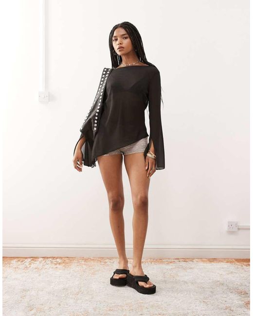Weekday Natural Asymmetric Semi Sheer Long Sleeve Top