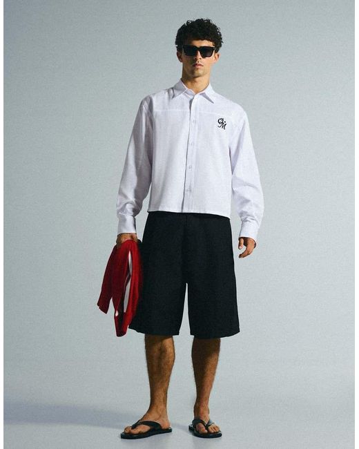 Bershka White Long Sleeve Print Shirt for men