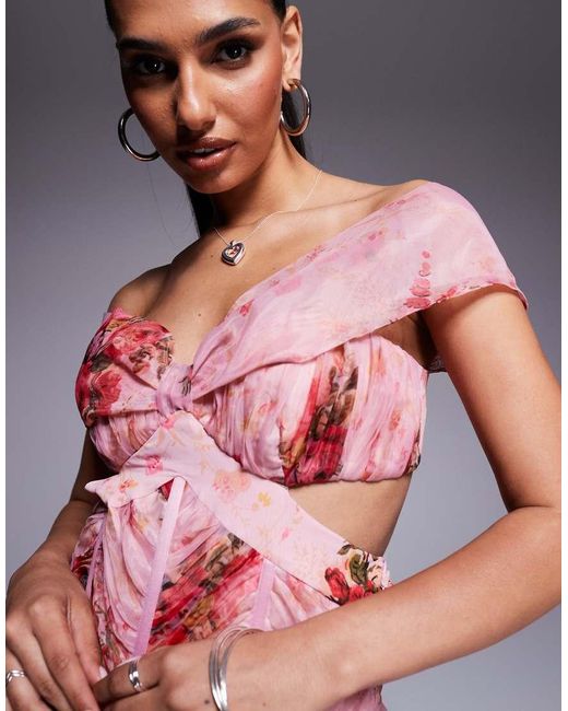 ASOS Pink Printed Organza And Chiffon Maxi Dress