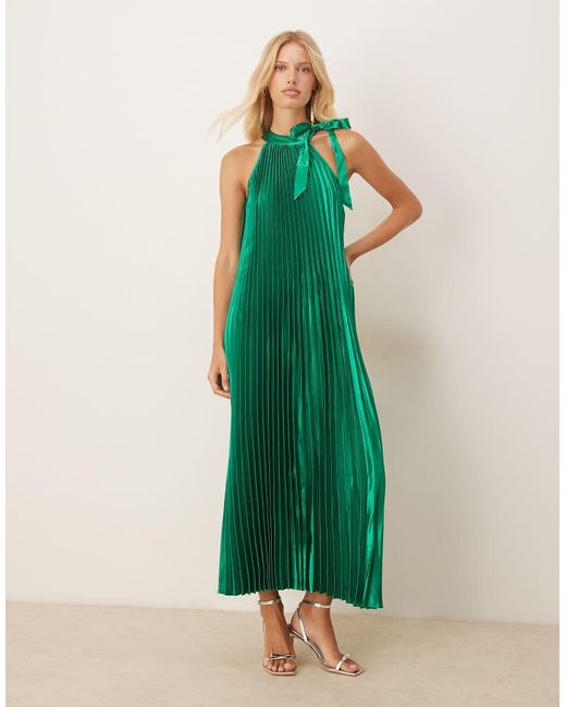 Vila Green Halter Neck Vertical Pleat Midi Dress