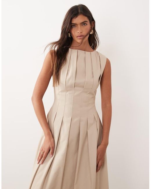 ARRANGE Natural Cinched Waist Pleated Maxi Dress