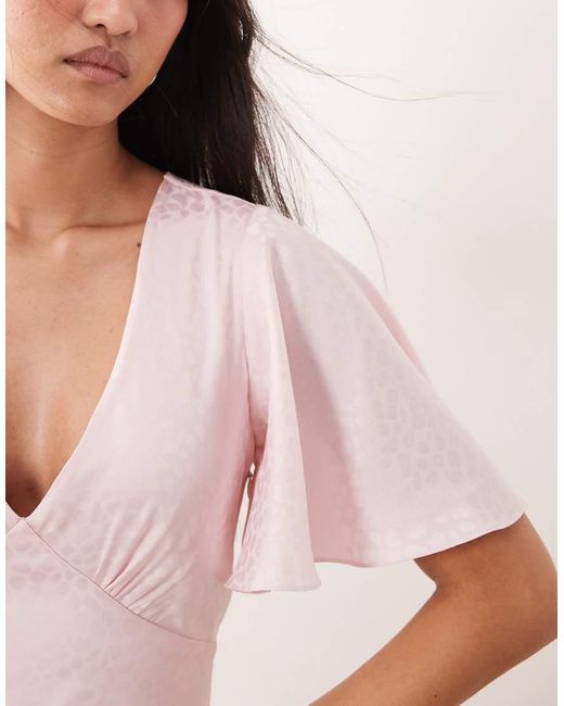 LACE & BEADS Pink Satin Jacquard V Neck Ruffle Hem Maxi Dress