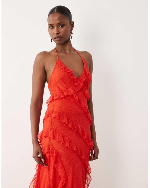 Forever New Red Halter Neck Lace Ruffle Maxi Dress