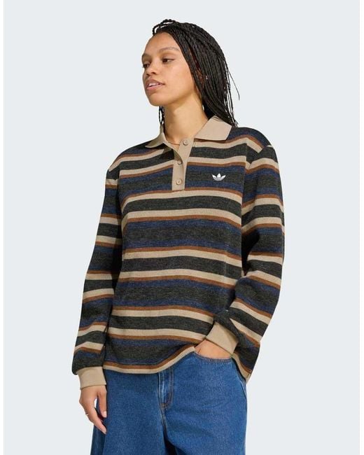 Adidas Originals Black Stripe Knitted Polo Top
