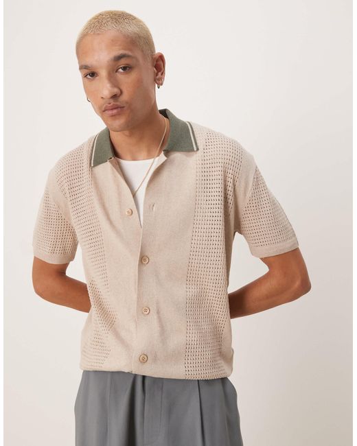 ASOS Natural Relaxed Boxy Button Through Knitted Polo With Contrast Collar for men