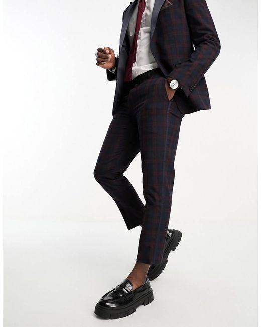 Harry Brown Black Slim Fit Cropped Tartan Suit Trousers for men
