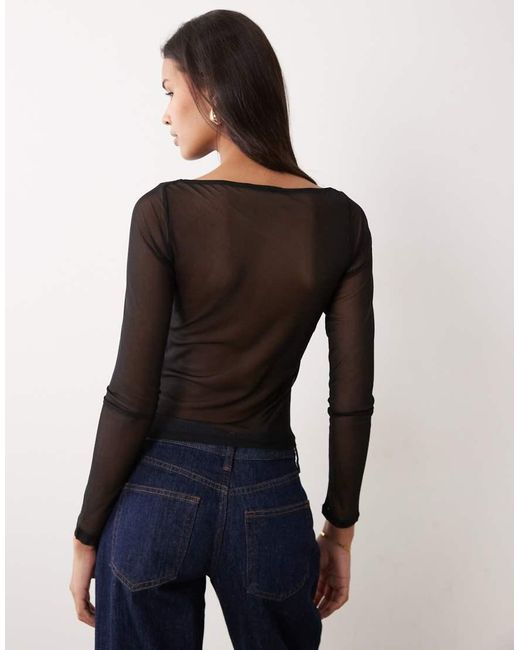 ASOS Black Mesh Drape Boat Neck Long Sleeve Top