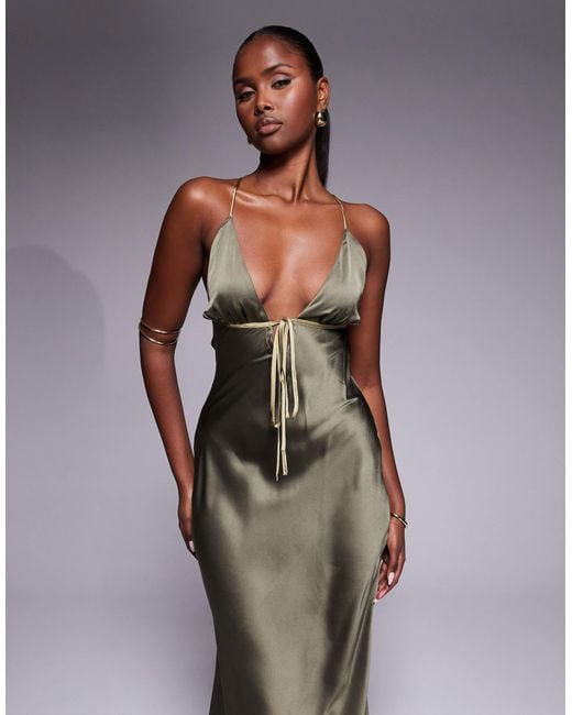 ASOS Brown Satin Bias Cut Cami Midi Dress With Contrast Tie Detail