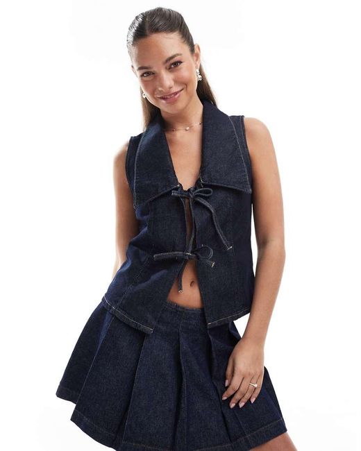 ASOS Blue Denim Sleeveless Collar Tie Front Top