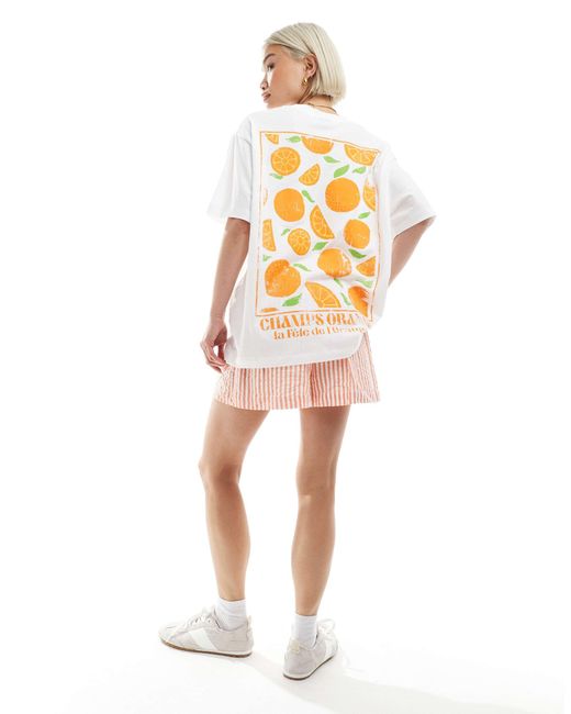 ASOS White Linen Look Oversized Tee With Orange Back Graphic