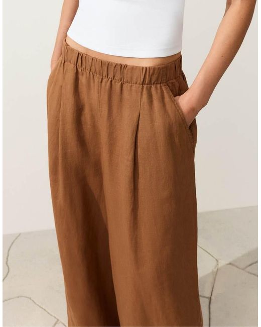 Oysho Natural 100% Linen Wide Leg Trousers