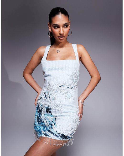 ASOS Square Neck Embellished Wave Mini Dress in Blue | Lyst ASOS Square Neck Embellished Wave Mini Dress in Blue | Lyst