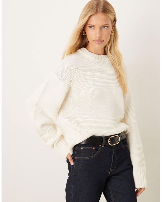 Gina Tricot White Crew Neck Textured Stripe Stitch Chunky Knitted Sweater